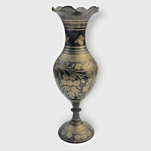 VTG Brass Small Decorative Vase Ruffle Edge Etched Floral 7.5" Tall Bud Vase